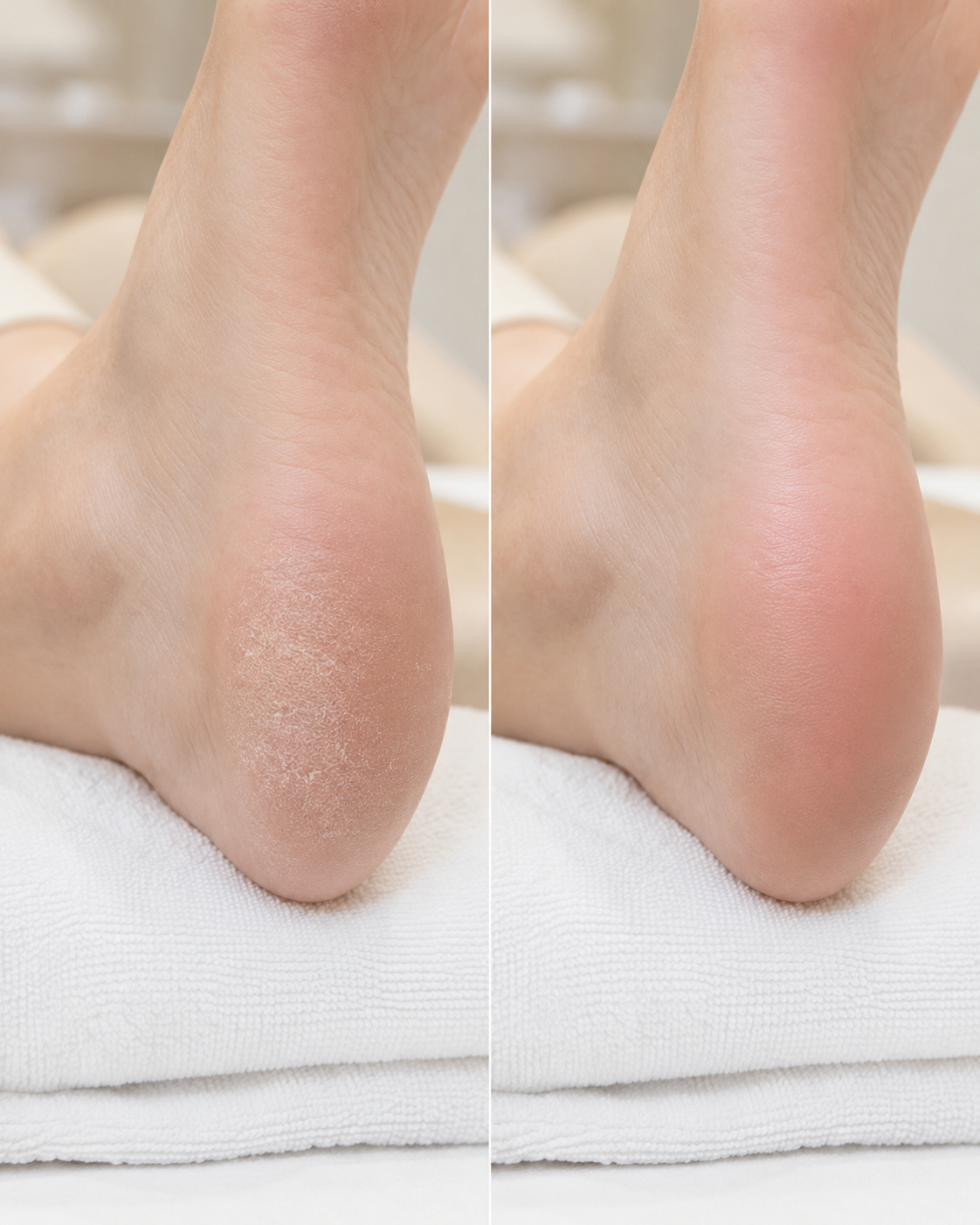 Before and after heel care results — smooth skin achieved through professional dry pedicure