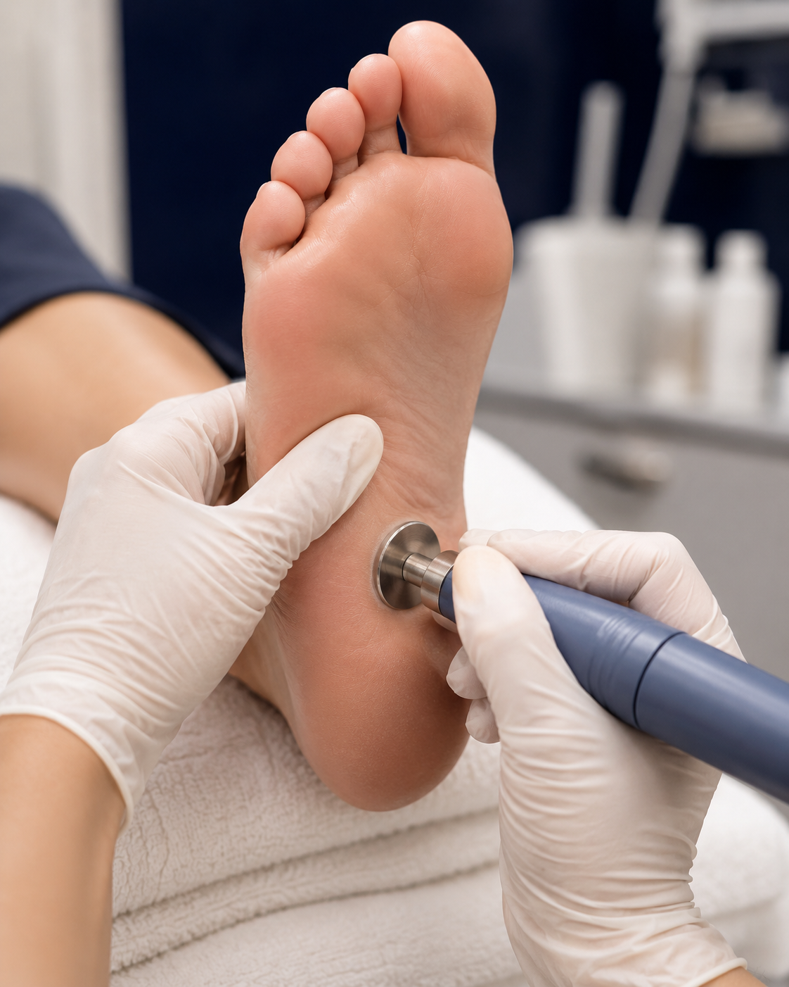 Precision dry pedicure technique — professional e-file applied to toenail